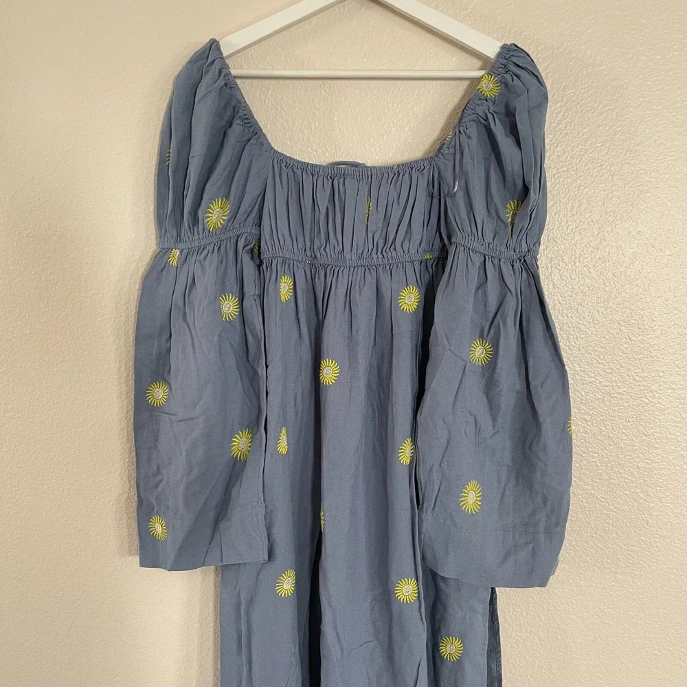 NWOT Free People Sun Embroidery Midi Dress Cottagecore L Blue Summer Linen Boho - Picture 16 of 16